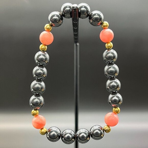 Black Hematite Coral Agate Stretch Bracelet | Handmade - Picture 4 of 6